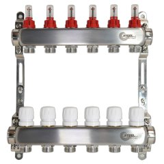 STEELSUN 1"x3/4"x3 Коллекторная группа с расходомерами, нерж. сталь, с кронштейнами, под сервоприводы М30х1,5, SLA4739